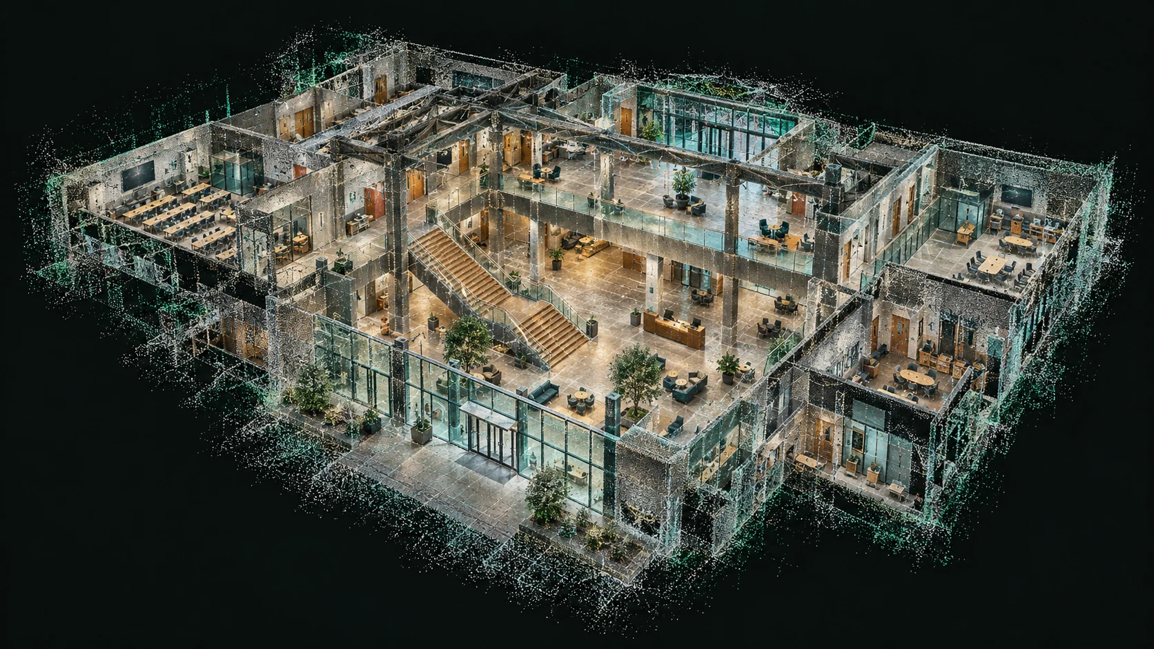 AI-generated cutaway illustration of a commercial facility showing connected rooms, circulation, and interior spaces