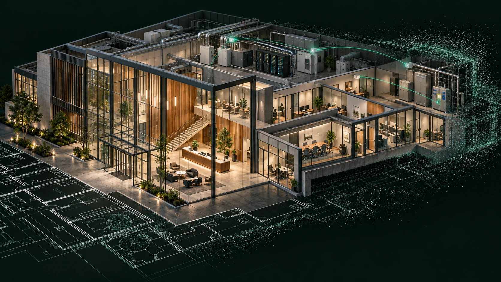 Architectural concept showing a detailed facility cutaway, spatial capture, and connected building systems