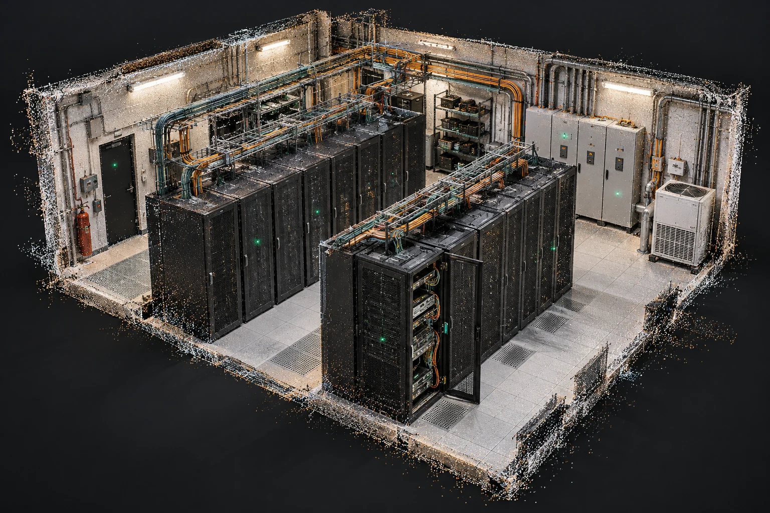 AI-generated point-cloud illustration of an equipment room with server racks, cable trays, and connected systems