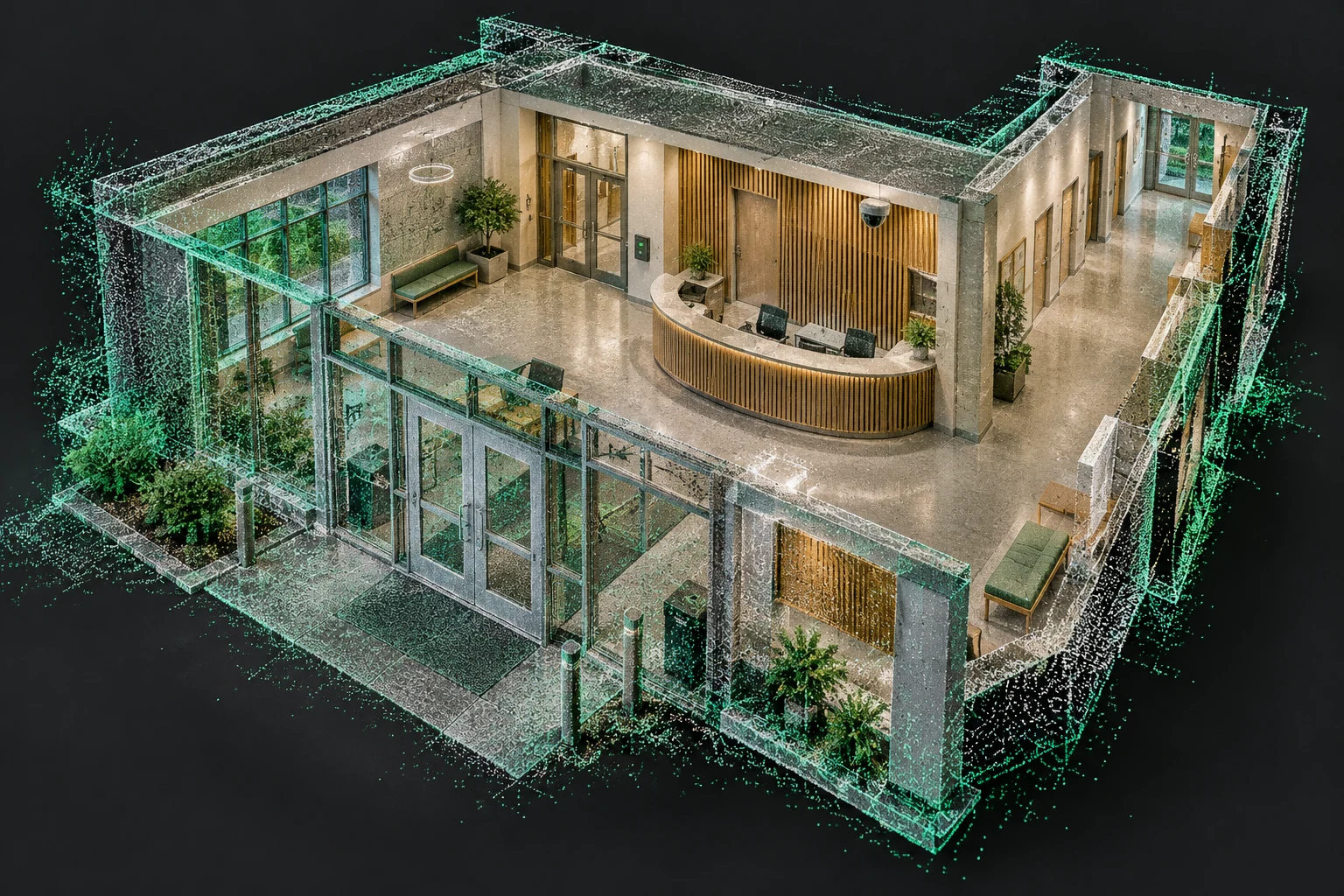 AI-generated scan illustration of a campus entrance and lobby with access points and security equipment in context
